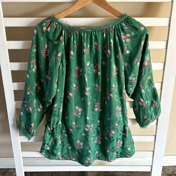 Rebecca Taylor Size 6 Green Floral 100% Silk Long Sleeve Tie Waist Blouse - Picture 6 of 11